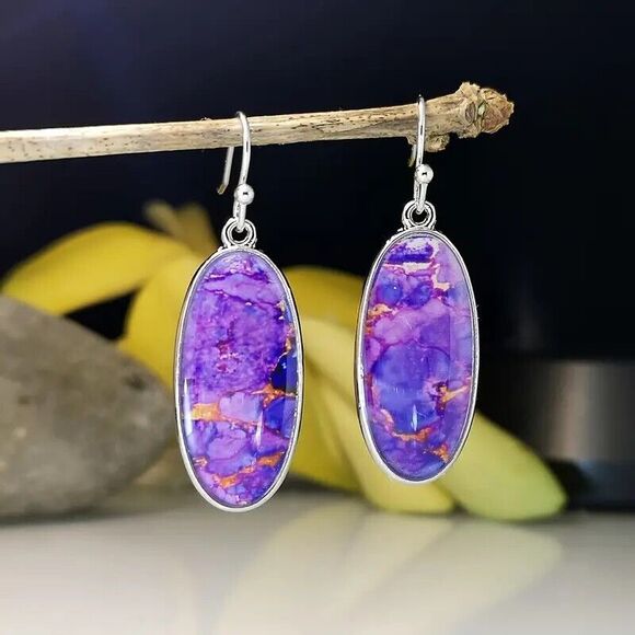 BOHO Chic Blue Stone Dangle Earrings, Synth Lapis and Turquoise - Picture 1 of 4